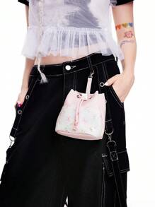 ROMWE Túi đựng đồ trang điểm cỡ lớn in hình mèo bướm nơ màu hồng dễ thương Kawaii - Hồng - Xem 4