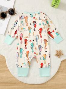 Bộ đồ liền thân liền quần in kỹ thuật số toàn thân dễ thương và thoải mái cho bé gái, họa tiết cá ngựa, màu tương phản, tay dài, khóa kéo phía trước, đồ mặc ở nhà - Màu xanh Bạc hà - Xem 2