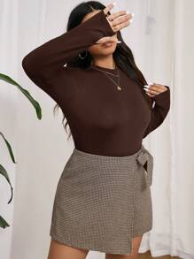 SHEIN Frenchy Plus Size Plain Brown Crew Neck Long Sleeve Basic T-Shirt - Coffee Brown - View 4