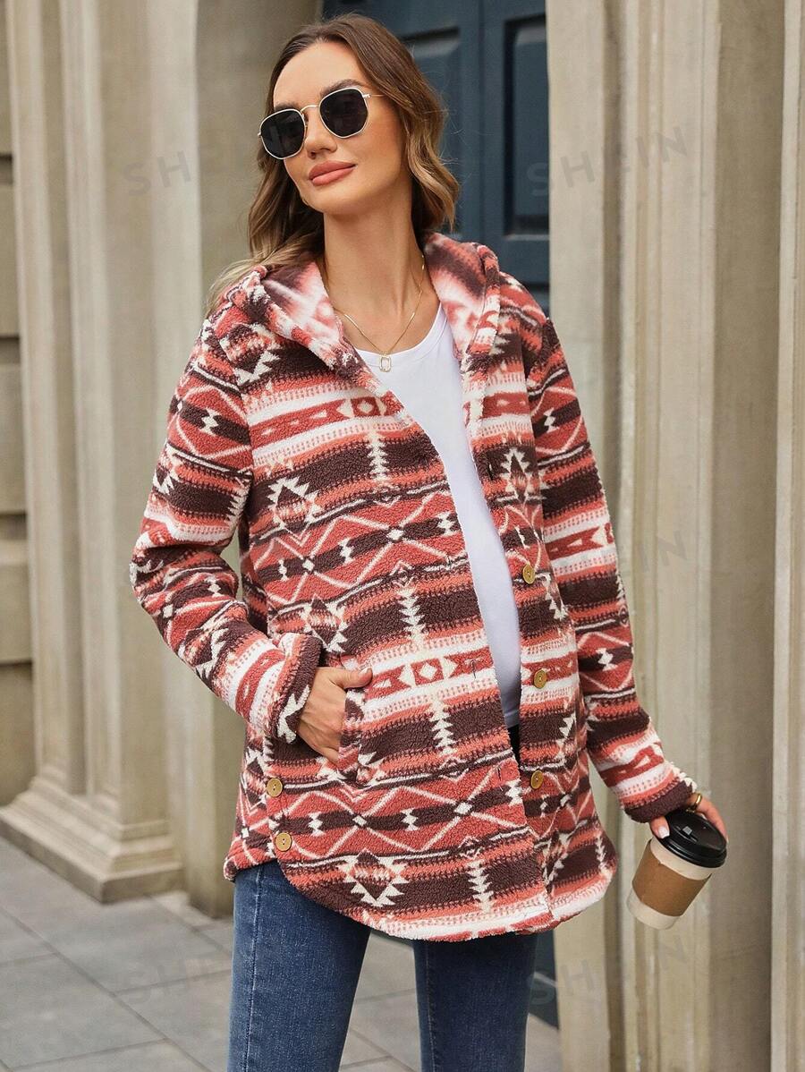 SHEIN Chaqueta de invierno con botones, capucha y mangas largas en bloques de color para embarazadas