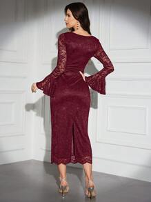 Modelyn Burgundy Red 1pc Women's Square Neck Lace Patchwork Pleated Elegant Long Sleeve Dress Long Evening Dresses