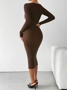 Chiquease Vestido suéter casual de outono e inverno com decote em V e mangas compridas - Castanho Café - Ver 2