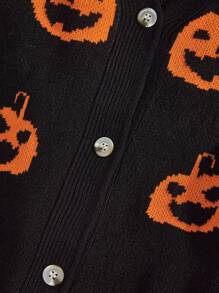 SHEIN EZwear 大码女式复古万圣节南瓜骷髅鬼蝙蝠图案黑色针织开衫，秋冬 - 彩色 - 查看 3