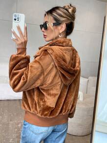 SHEIN Privé Chaqueta con capucha de manga larga y hombros caídos de ajuste holgado, de peluche, para invierno, casual - Café integral - Ver 2