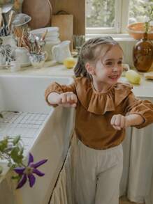 SHEIN 2 件套年轻女孩棕色荷叶边领灯芯绒上衣和杏色裤子套装，秋冬休闲乡村风格 - 黑色 - 查看 6