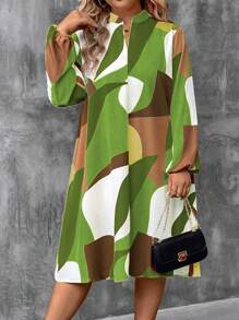 EMERY ROSE Plus Size Casual Color-Block Cutout Neck Lantern Sleeve Loose Dress, Autumn Fall Cloth For Women