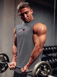 Manfinity Fitness Áo ba lỗ thể thao cổ tròn in hình bò đực phong cách bạn trai dành cho nam - Xám - Xem 2