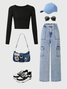 Set de 2 piezas para niñas adolescentes que incluye top de manga larga de punto básico y pantalones de mezclilla de pierna recta y ajuste relajado, para primavera/otoño