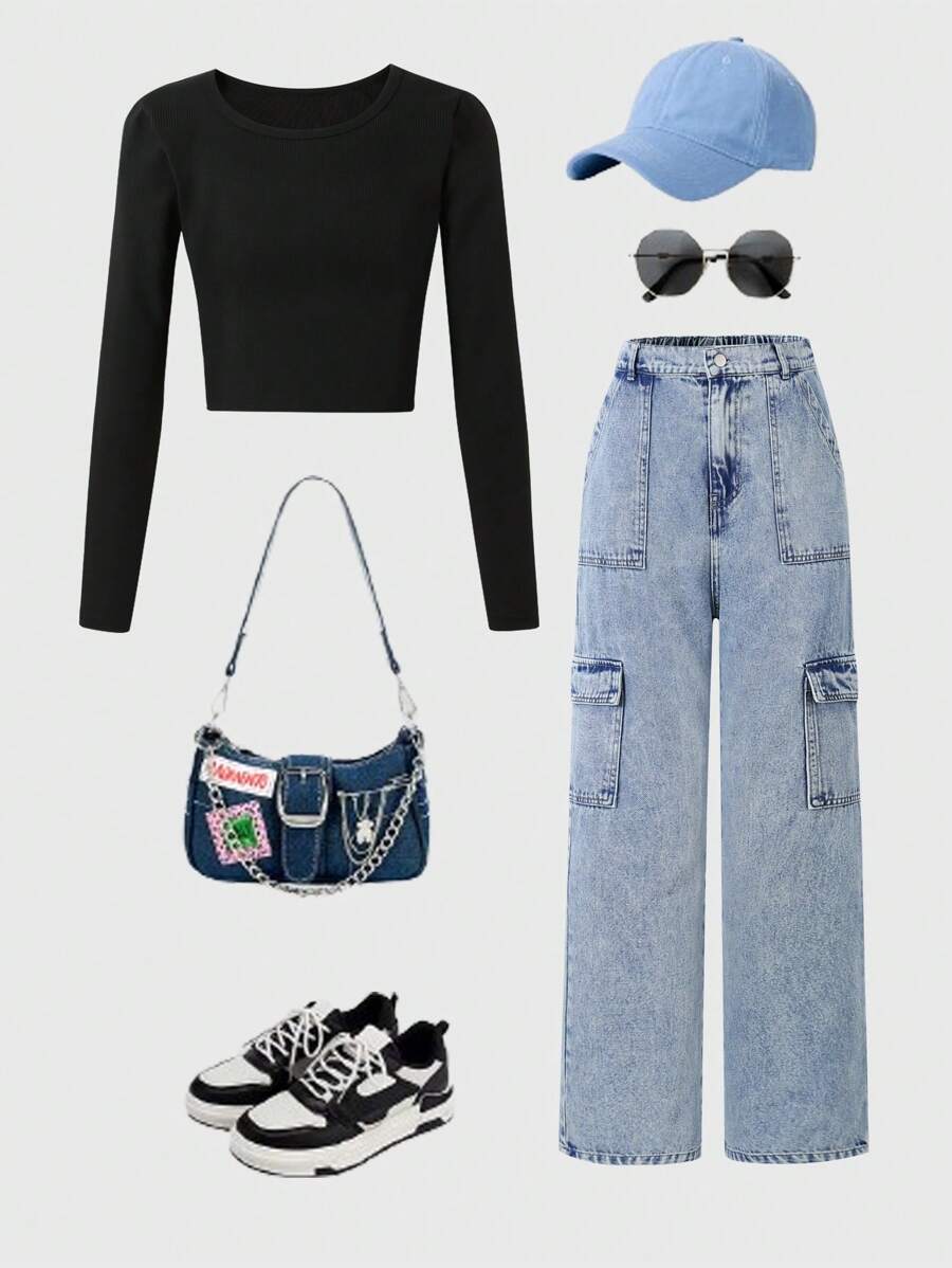 Set de 2 piezas para niñas adolescentes que incluye top de manga larga de punto básico y pantalones de mezclilla de pierna recta y ajuste relajado, para primavera/otoño
