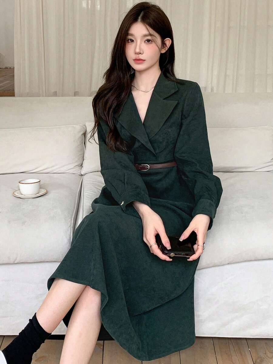 DAZY Women Cross-Wrapped Solid Color Elegant Long Sleeve Midi Dress, Autumn/Winter,Fall Women Clothes