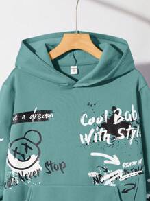 SHEIN 1pc Teen Boys Casual Loose Comfy Versatile Graffiti Printed Hoodie,In Fall/Winter - Green - View 3