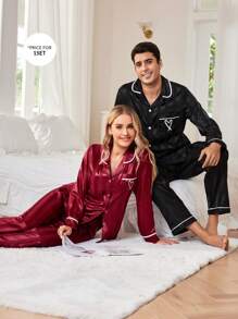 Manfinity Embroidered Pocket Jacquard Faux Silk Men's Pajama Set - Black - View 7