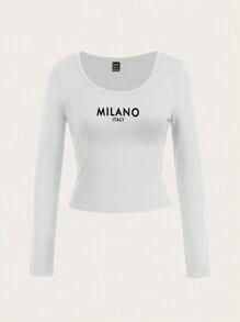 SHEIN EZwear Camiseta básica de manga larga blanca, de cuello redondo, con manga raglán, de ajuste ceñido, con estampado "MILÁN ITALIA", adecuada para primavera y otoño
