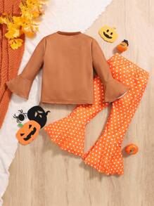 2pcs/Set Young Girls Creative Portrait & Letter Print Flare Sleeve Sweatshirt And Flare Pants Set, Spring Autumn - Brown - View 2