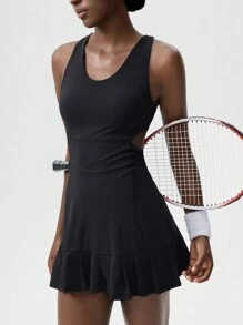 VARSITIE Yoga Basic Ngực Cup & Lưới Nối Với Váy Thể Thao Nữ - màu đen - Xem 3