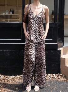 INAWLY 2pcs Women Leopard Print Camisole Top And Pants Set - Coffee Brown - View 4