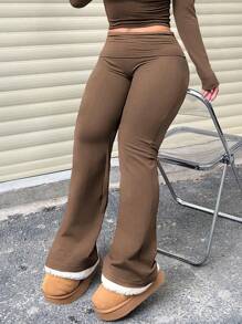 Plus Size Solid Color Minimalist Fold Waist Leggings, Casual Everyday Wear - Mocha Brown - View 2