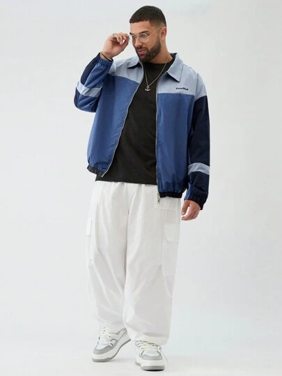 Manfinity VCAY Plus Size Men Casual Woven Patchwork Stand Collar Jacket, For Fall Winter