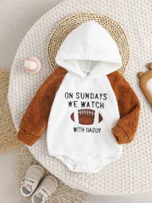 1 pieza Enterizo suave y informal para bebé niño con bordado de letras en inglés, fútbol y logo, con capucha de bloques de color, manga larga, abrigado para otoño/invierno - Marrón - Ver 1