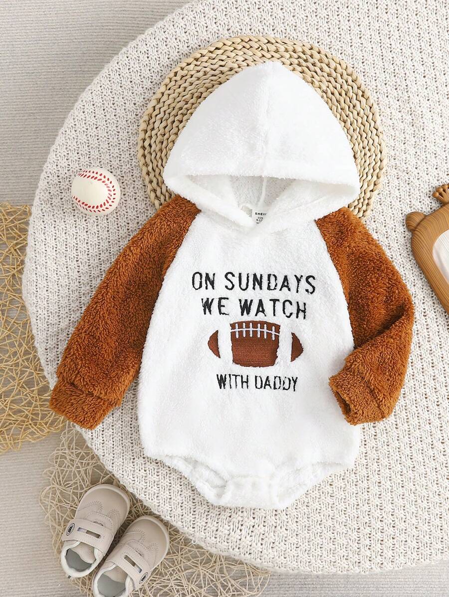 1 pieza Enterizo suave y informal para bebé niño con bordado de letras en inglés, fútbol y logo, con capucha de bloques de color, manga larga, abrigado para otoño/invierno - Marrón - Ver 1