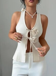SHEIN Unity 1pc Women Elegant Solid Color 3D Floral Decor Tie Front Backless Halter Top - Apricot - View 1