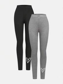 2pcs/Set Girls Embroidered Heart Basic Leggings, Casual Comfortable Fit Versatile Wear, Suitable For Spring/Summer/Autumn/Winter - Multicolor - View 1