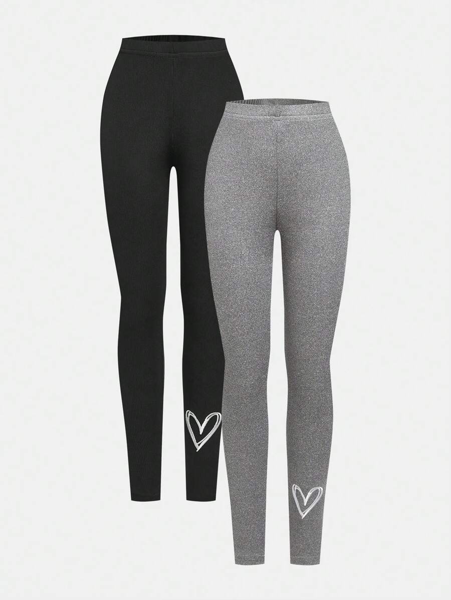 2pcs/Set Girls Embroidered Heart Basic Leggings, Casual Comfortable Fit Versatile Wear, Suitable For Spring/Summer/Autumn/Winter - Multicolor - View 1