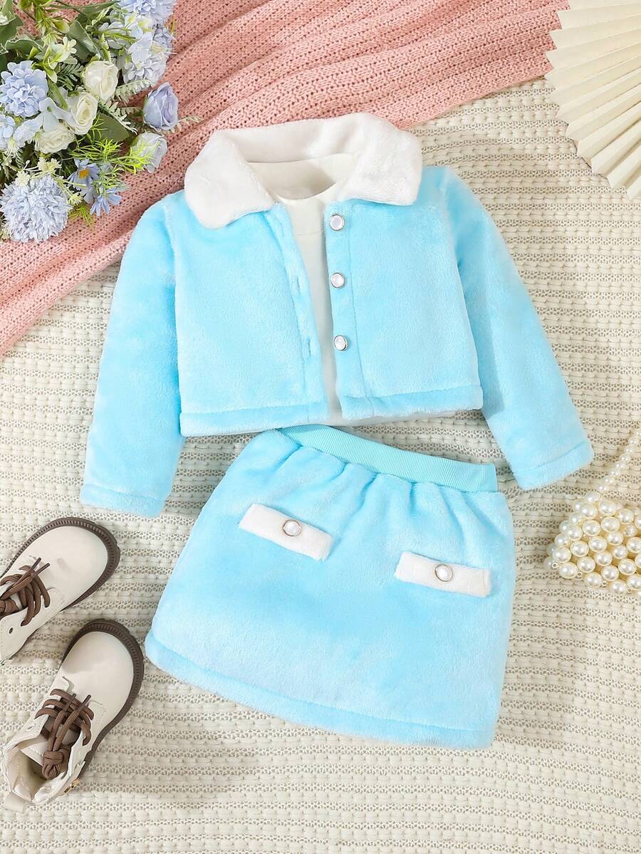 2 件装女婴拼色羊毛翻领长袖夹克和裙子休闲装，冬季 - 藍色 - 查看 1