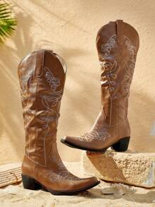 Styleloop Women's Pointed Toe Fashion Versatile Embroidered Western Boots, BOHO Style, American Retro Bohemian Western Music Festival Party Christmas Halloween Outfit - Brown - View 1