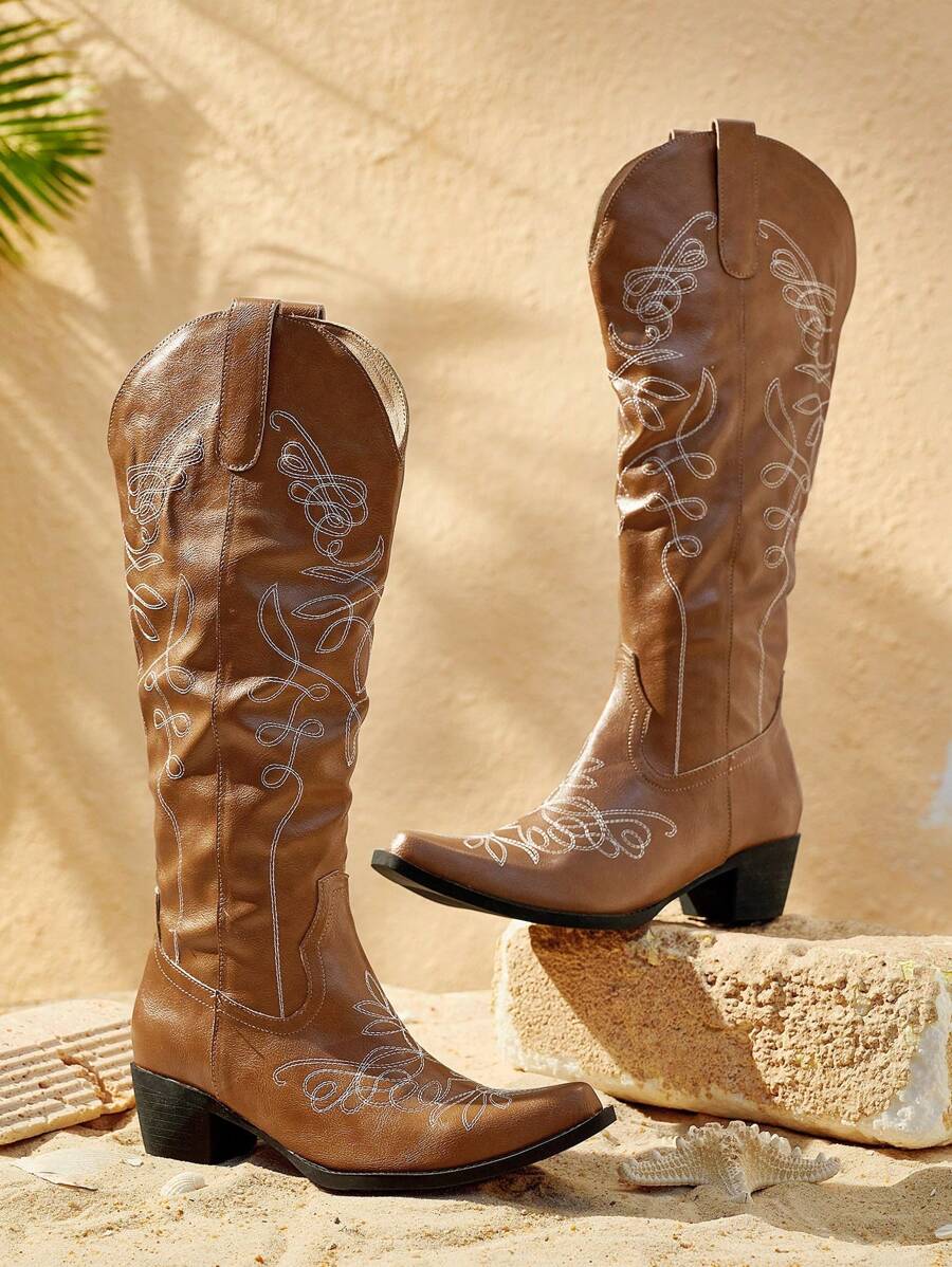 Styleloop Women's Pointed Toe Fashion Versatile Embroidered Western Boots, BOHO Style, American Retro Bohemian Western Music Festival Party Christmas Halloween Outfit - Brown - View 1
