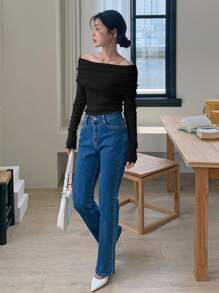 DAZY 1pc Women Off-Shoulder Solid Tight Collar Sweater For Autumn Off Shoulder Sweater,Long Sleeve Tops,Fall Women Clothes - Black - View 3