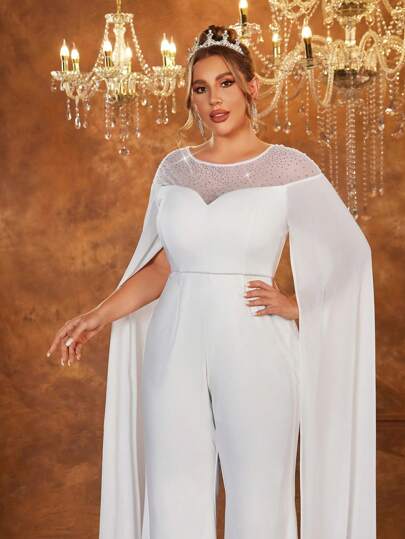 SHEIN Belle Plus Size White Rhinestone Decor Long Sleeve Chiffon Sleeve Cape Poncho, Elegant Bridal Wedding Jumpsuit