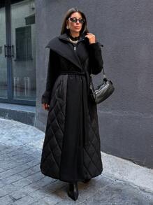 EURMUSE Fuzzy Lapel Zipper Belted Down Padded Coat, Fabric Patchwork, Elegant Style