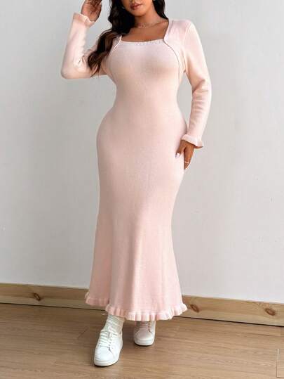 Calvaya Plus Size Fashionable Sexy Solid Color Square Neck Fitted Elegant Mermaid Hem Bodycon Maxi Sweater Dress
