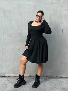 Flirla Plus Size Solid Color Crew Neck Elegant Long Sleeve Dress Fall Cloth For Women