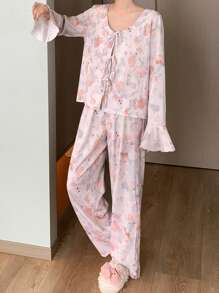 DAZY Pyjamaset met bloemenprint, ruches, strik aan de voorkant en strik aan de mouwen