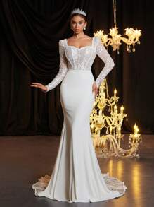 Glamrae Luxurious & Elegant White Sheer Sleeve Sweetheart Neck Embroidered Lace Splice Elastic Knit Fabric Bodysuit With See-Through Bra Cup, Fishbone Back Lacing, Mermaid Tail Dress With Embroidered Lace Overlay Trim, Suitable For Weddings, Parties, Vacations, Non-Traditional Wedding Dress, Bridal Dress,Bride, For Valentine's Day - Beige - View 5