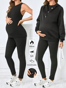 SHEIN Maternity Fleece Hoodie Sweatshirt & Leggings 2Pcs Set, Button & Drawstring Waist, Loose & Adjustable, Black - Black - View 2