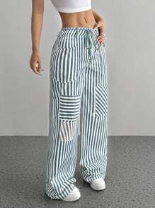 Flirla Striped Print With Pocket Knot Front Casual Straight Pants - Multicolor - View 4