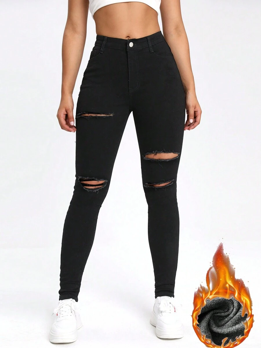 SHEIN EZwear Warm Denim High-Waisted Button-Embellished Skinny Stretch Distressed Y2K Jeans Thickened Denim - Black - View 1