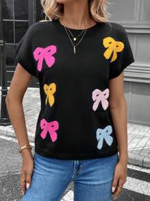 SHEIN LUNE Colorful Bow Decoration Casual French Street Women Knitted Sweater, Autumn - Black - View 4