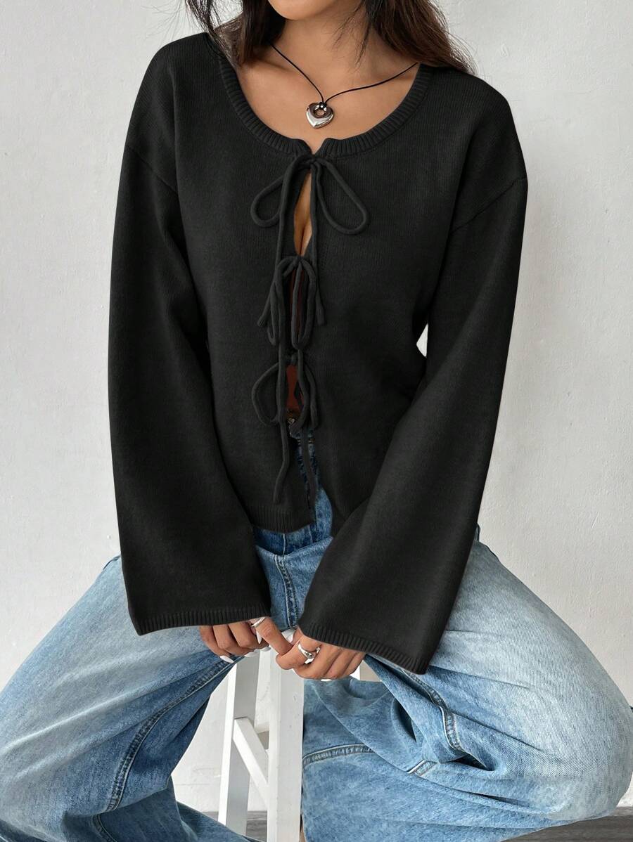 SHEIN EZwear 1 件女士黑色宽松长袖开衫,秋冬季休闲风格 - 黑色 - 查看 1