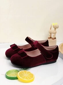 1 双蝴蝶结装饰软底平底女童鞋，适合春秋季节 - 酒紅色 - 查看 5