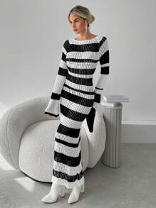SHEIN Privé 女士优雅休闲黑白条纹透明圆领 A 字腰长款毛衣裙，适合夏秋季度假 - 黑與白 - 查看 5