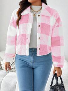 SHEIN LUNE Winter Plus Size Groen Geruit Fleece Jack Winter Dameskleding Valentijnsdag Vakantie Outfit