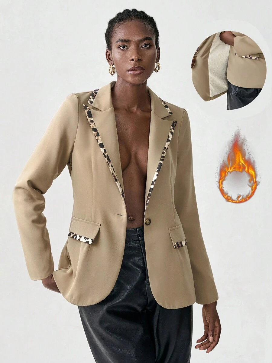 Chiquease Áo khoác blazer nữ tay dài cài nút phía trước màu trơn có túi giả thường ngày - Màu Khaki - Xem 1