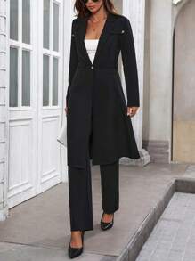 Chiquease 女式金属纽扣装饰翻领西装外套和裤子黑色商务套装 - 黑色 - 查看 5