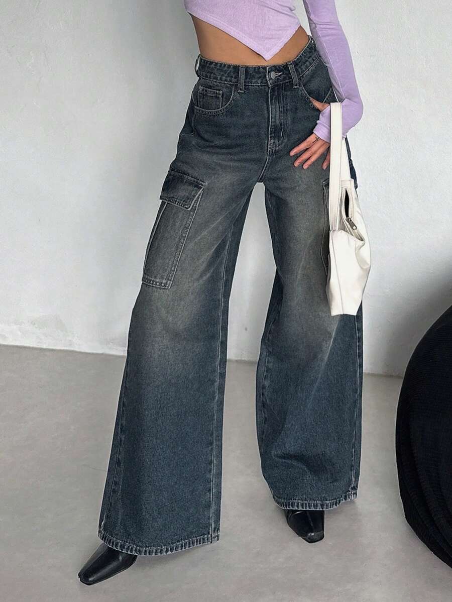 DAZY Jeans cargo de pierna recta holgados y de ajuste suelto para mujer con bolsillos grandes