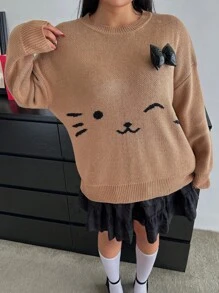 Flirla Áo len cổ tròn dáng rộng, thời trang thu đông, dễ thương, sành điệu với họa tiết nơ 3D, dành cho người có thân hình mũm mĩm. - Màu Khaki - Xem 1