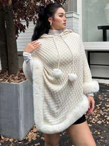 Celure Popular Bestselling Plus Size Women Elegant Warm Element Fuzzy Soft Warm Asymmetrical Hem Hooded Sweater Cape With Handmade Fringe/Pom Pom Accent